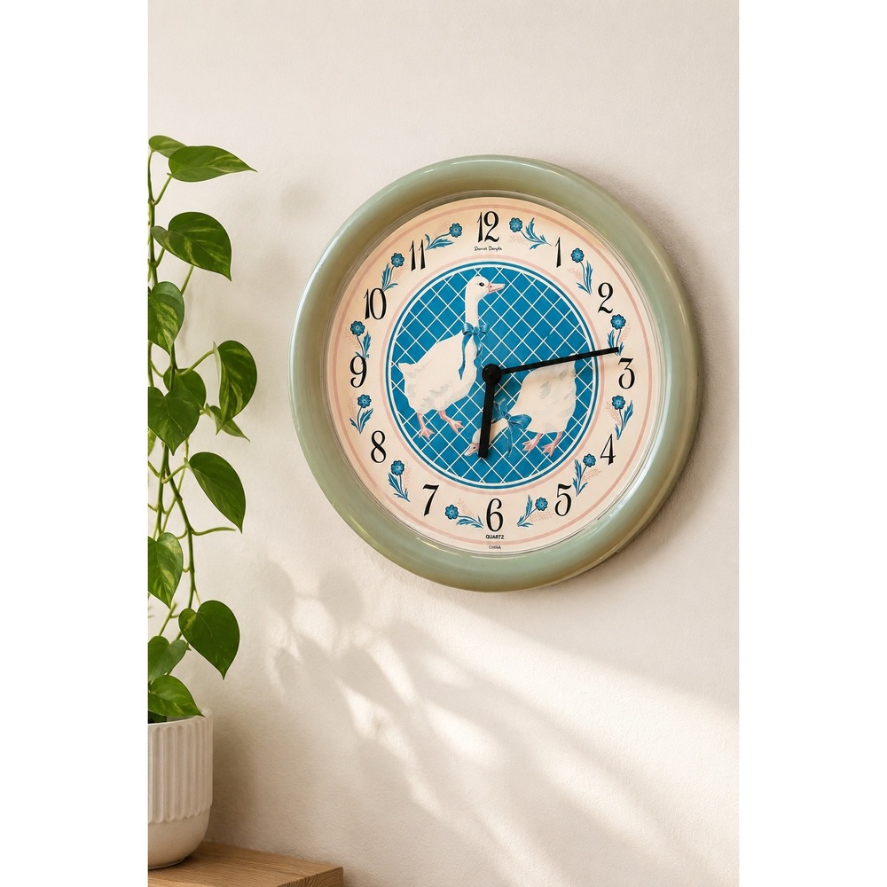 Vintage Goose Wall Clock 90s Country Kitchen Turquoise Floral Cottage Decor Blue